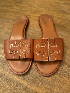Tory Burch Women's INES Slide Leather Cushioned Sandals Brown 7.5